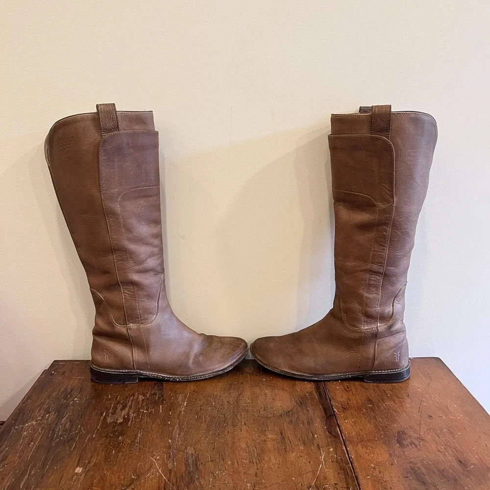 FRYE Boots Paige‎ Tall Riding Tan Leather Boots 77534 - Women's Size 7.5 B